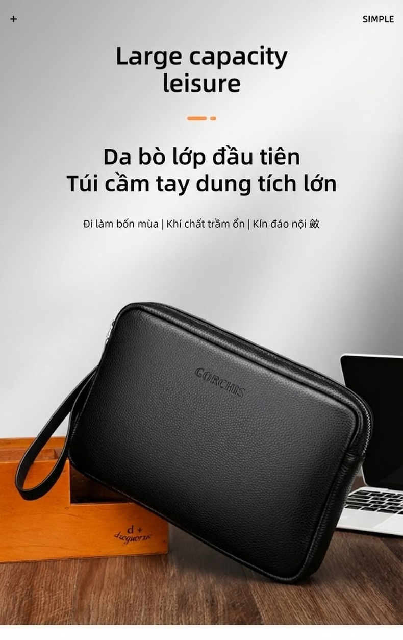 Ví Cầm Tay Nam Da Bò Lớn Dáng Vuông Khóa Kéo Màu Đen, Nâu chi tiết 1