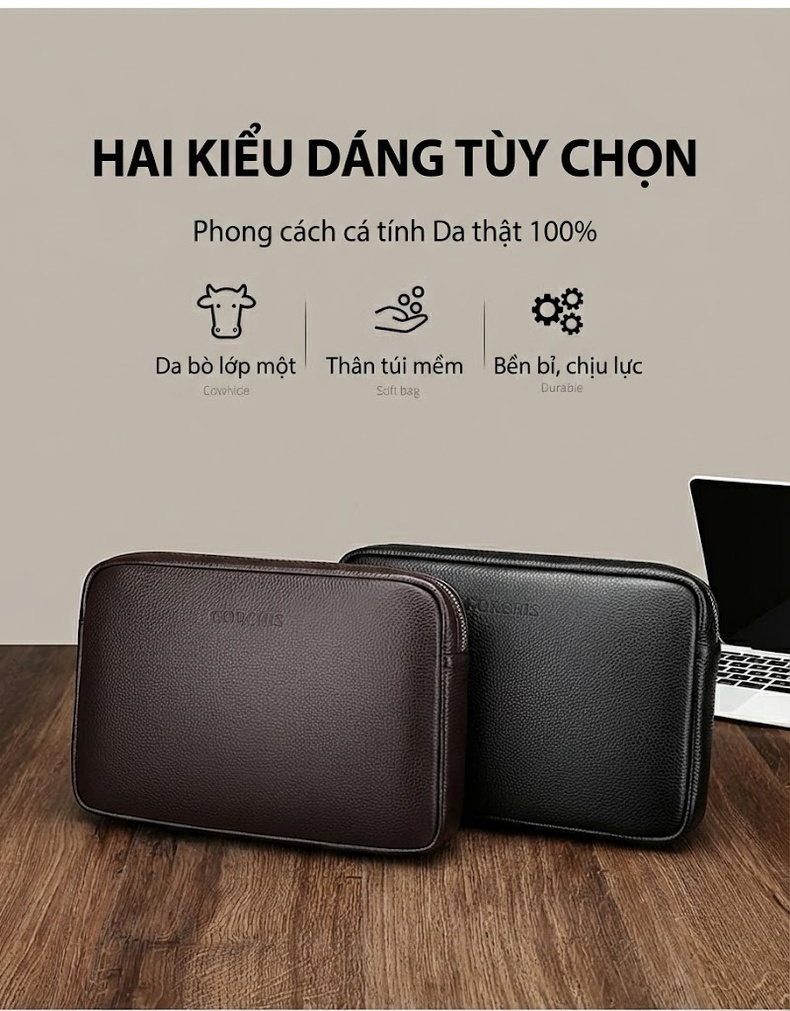 Ví Cầm Tay Nam Da Bò Lớn Dáng Vuông Khóa Kéo Màu Đen, Nâu chi tiết 2