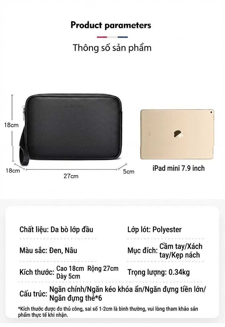 Ví Cầm Tay Nam Da Bò Lớn Dáng Vuông Khóa Kéo Màu Đen, Nâu chi tiết 9