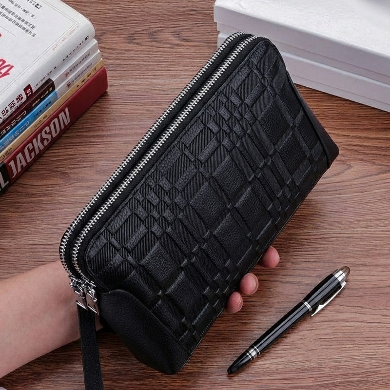 Ví Cầm Tay Nam Da Bò Phong Cách Anh Quốc Vân Cá Sấu Lớn Màu Đen