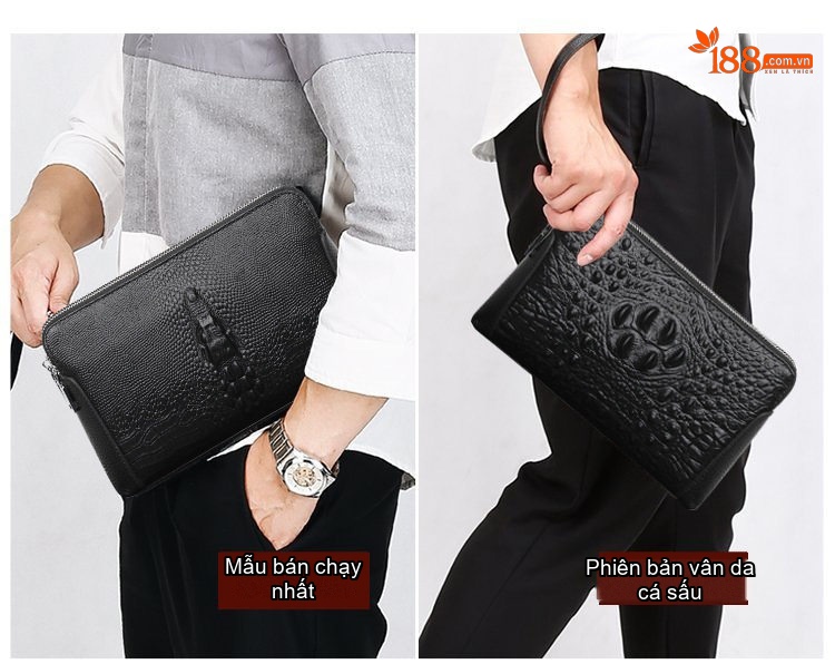 Ví Cầm Tay Nam Da Bò Phong Cách Anh Quốc Vân Cá Sấu Lớn Màu Đen chi tiết 4