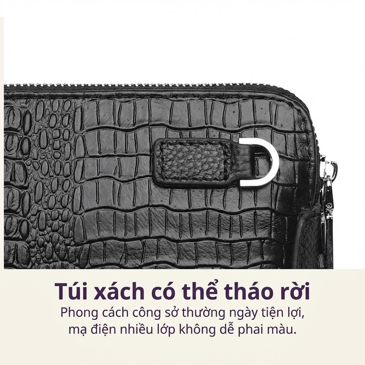 Ví Cầm Tay Nam Da Bò Phong Cách Anh Quốc Vân Cá Sấu Lớn Màu Đen chi tiết 18