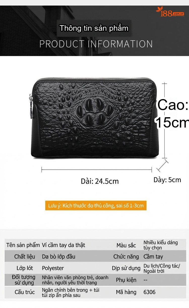 Ví Cầm Tay Nam Da Bò Phong Cách Anh Quốc Vân Cá Sấu Lớn Màu Đen chi tiết 1