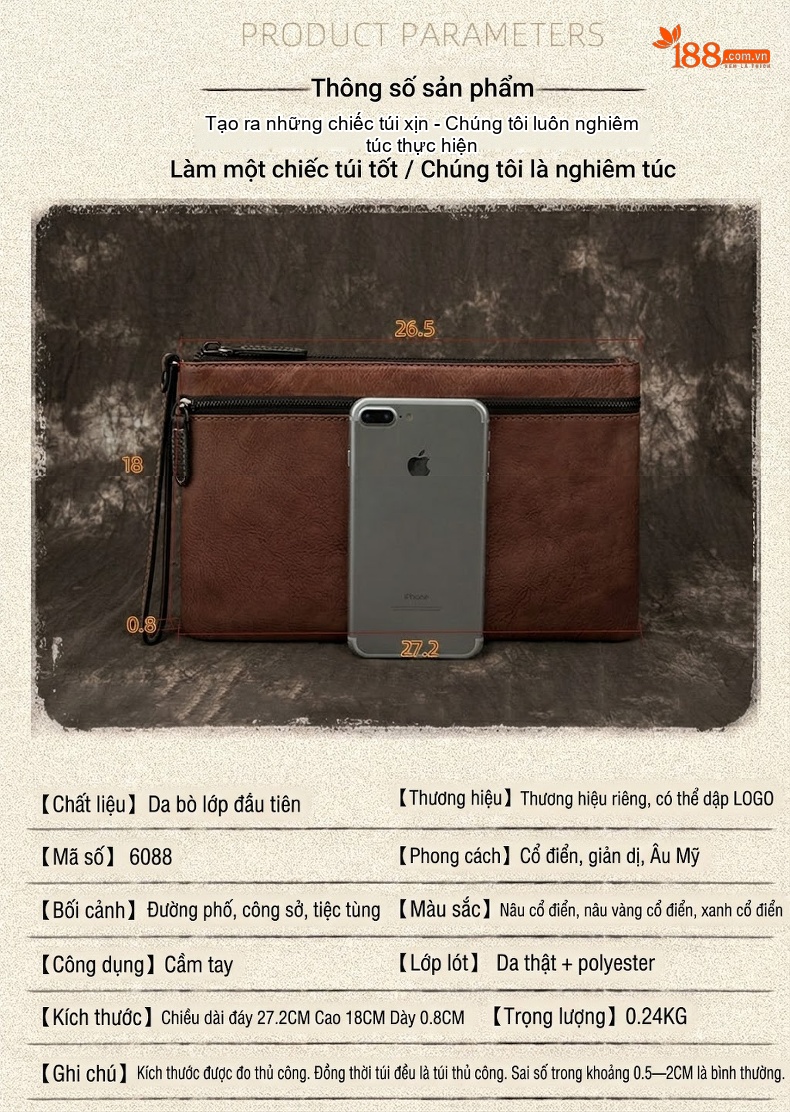 Ví Cầm Tay Nam Da Bò Phong Cách Retro, Túi Đựng Điện Thoại, Dung Tích Lớn Màu Nâu, Xanh Dương chi tiết 4