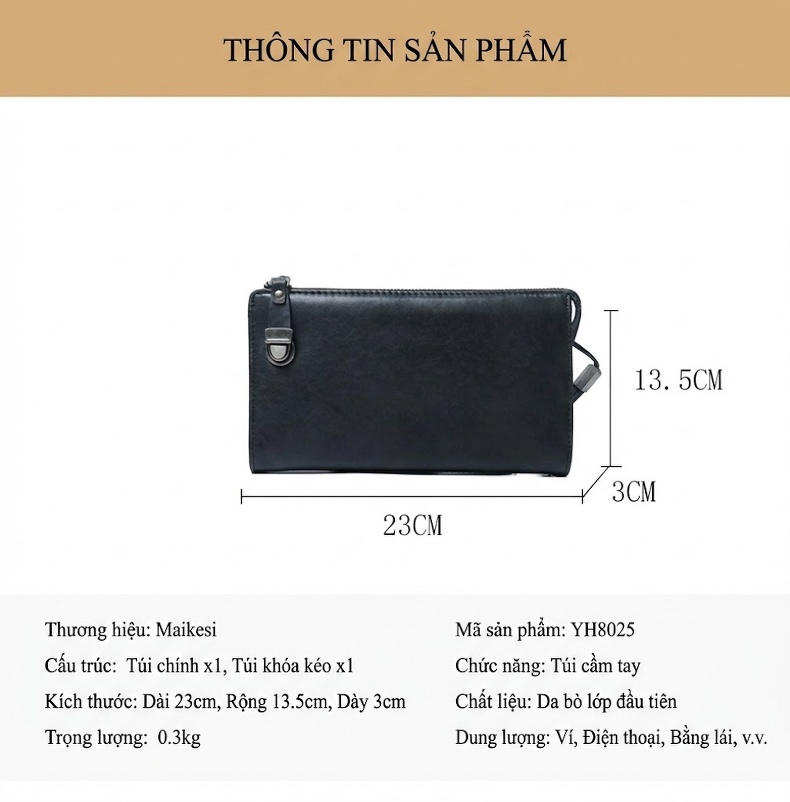 Ví Cầm Tay Nam Da Bò Thời Trang Công Sở Màu Đen chi tiết 9