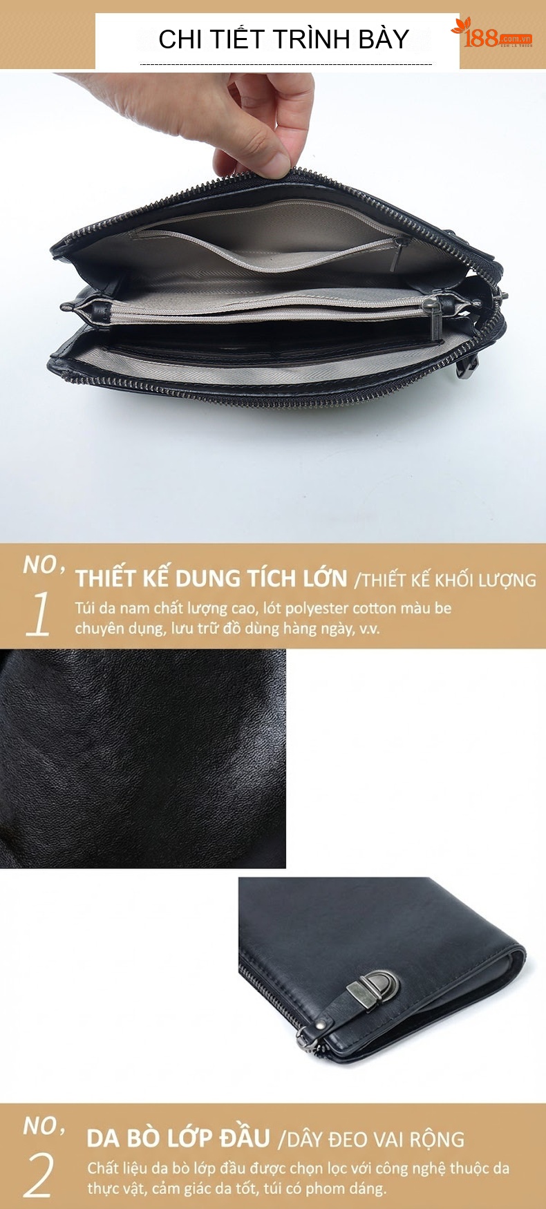Ví Cầm Tay Nam Da Bò Thời Trang Công Sở Màu Đen chi tiết 13