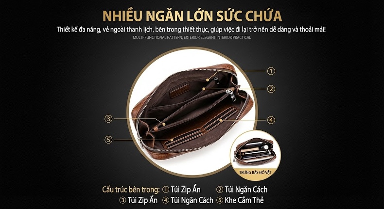 Ví Cầm Tay Nam Da Cá Sấu Khóa Số Chống Trộm Dung Tích Lớn Phong Cách Doanh Nhân Màu Đen, Nâu chi tiết 2