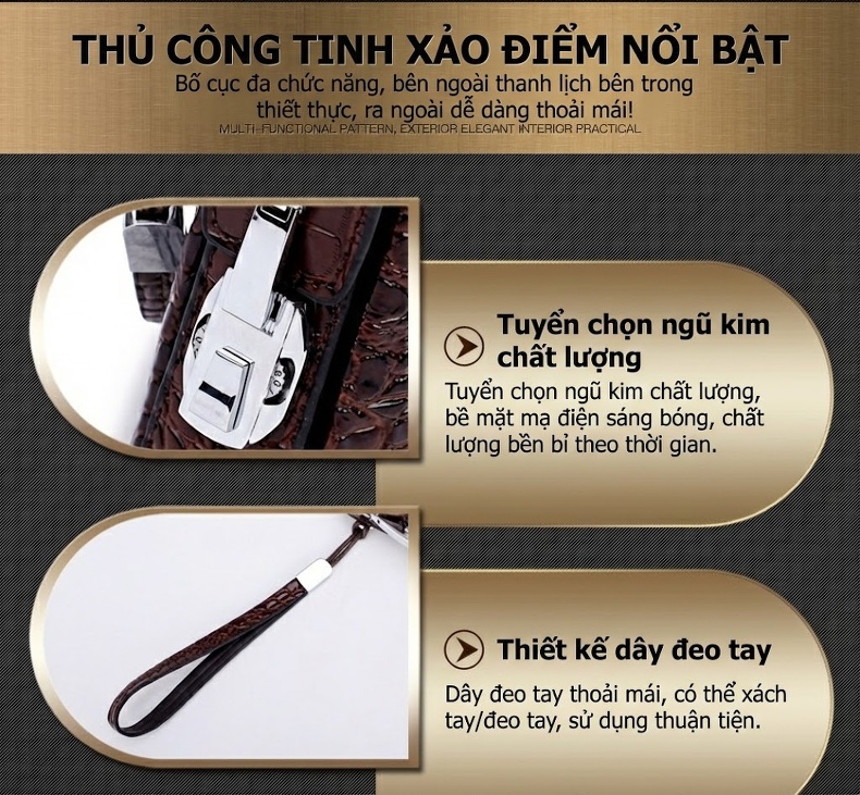 Ví Cầm Tay Nam Da Cá Sấu Khóa Số Chống Trộm Dung Tích Lớn Phong Cách Doanh Nhân Màu Đen, Nâu chi tiết 3