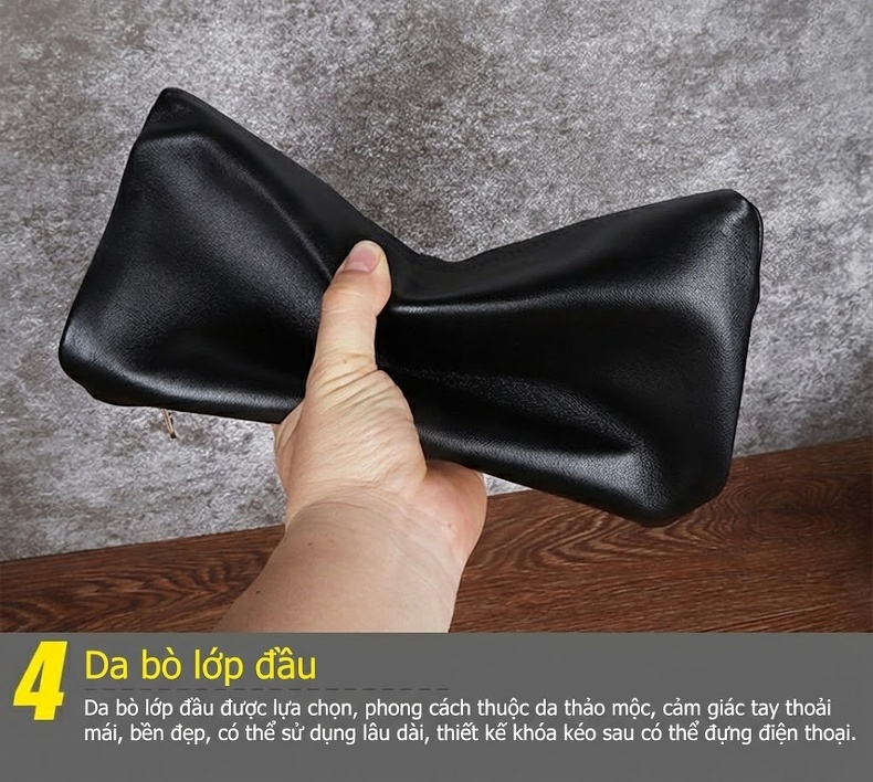 Ví Cầm Tay Nam Da Cừu Dáng Ngang Túi Clutch Khóa Kéo Phong Cách Công Sở Màu Đen chi tiết 22