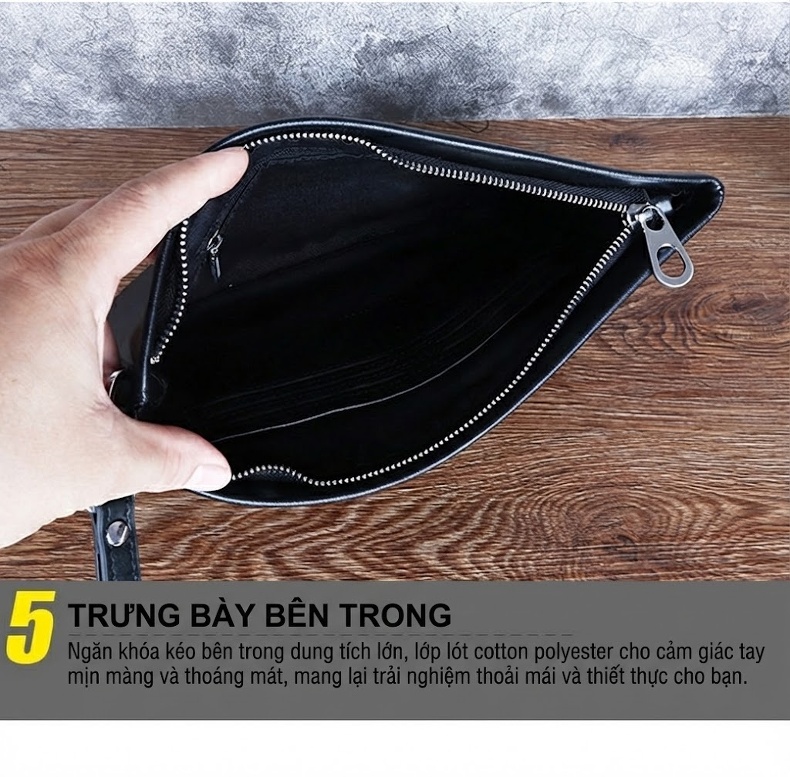 Ví Cầm Tay Nam Da Cừu Dáng Ngang Túi Clutch Khóa Kéo Phong Cách Công Sở Màu Đen chi tiết 23