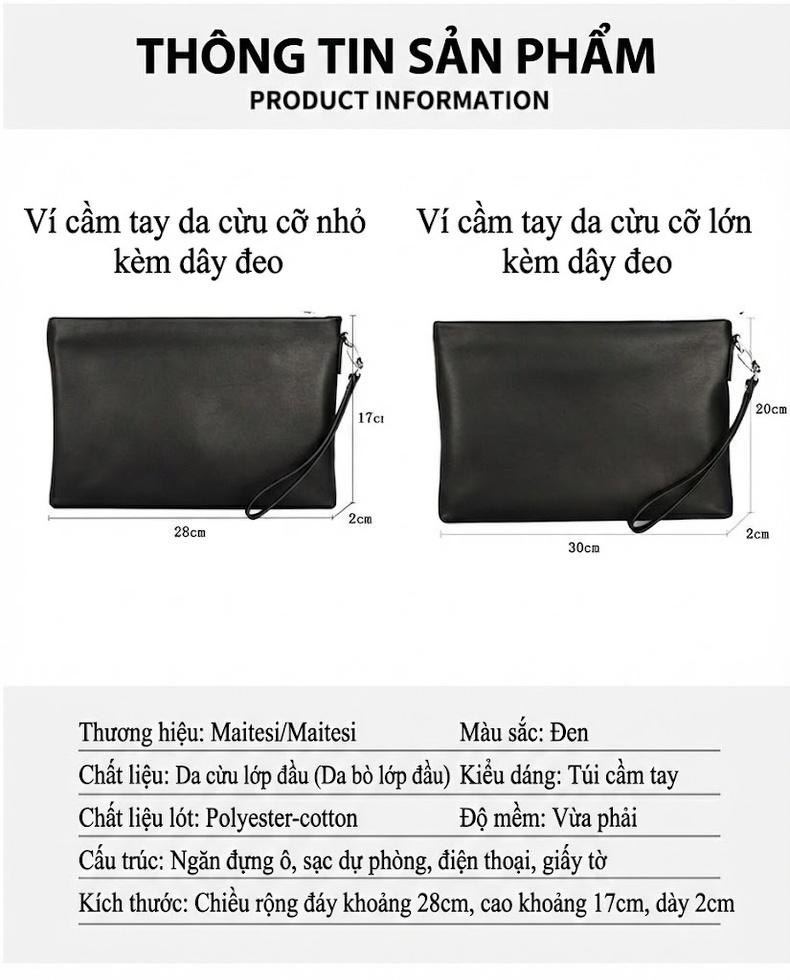 Ví Cầm Tay Nam Da Cừu Dáng Ngang Túi Clutch Khóa Kéo Phong Cách Công Sở Màu Đen chi tiết 6
