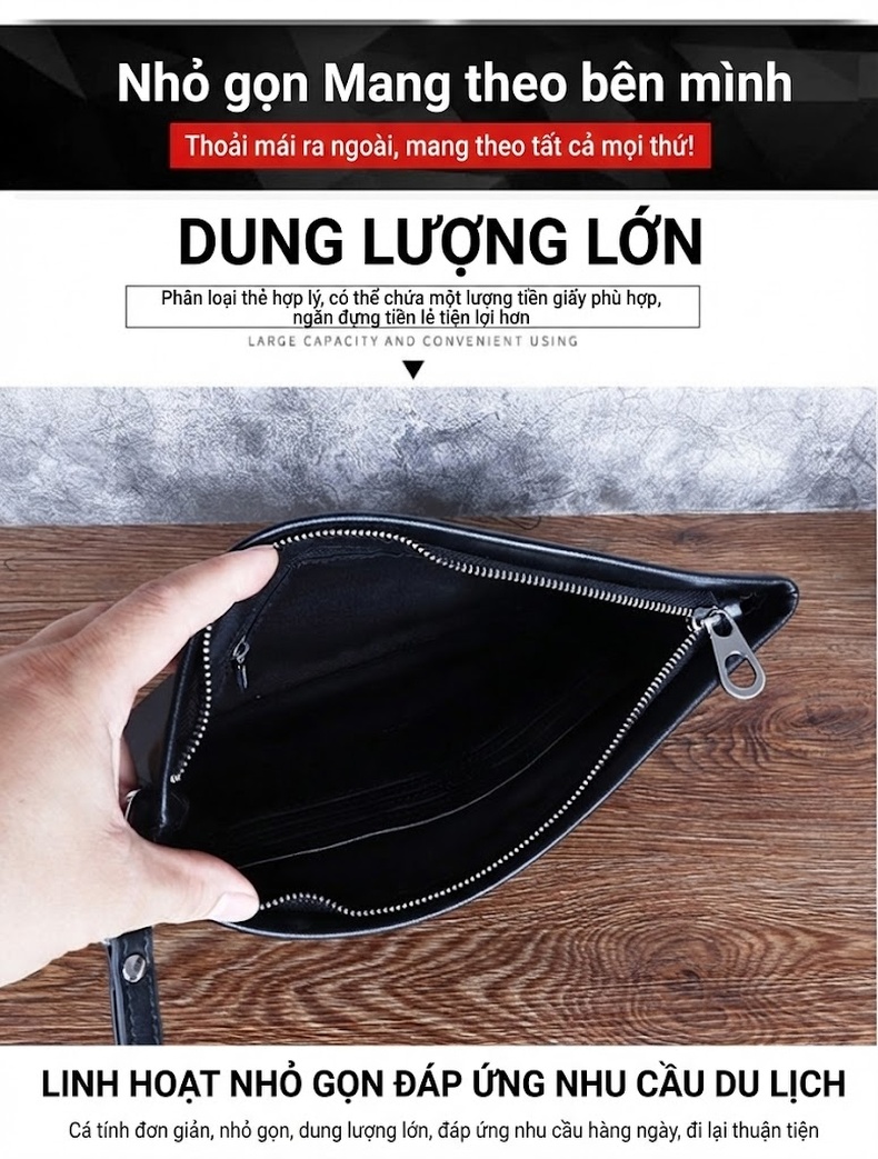Ví Cầm Tay Nam Da Cừu Dáng Ngang Túi Clutch Khóa Kéo Phong Cách Công Sở Màu Đen chi tiết 7