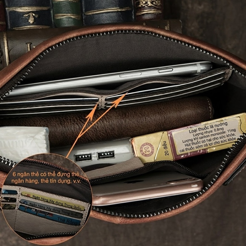Ví Cầm Tay Nam Da Thật Phong Cách Retro Hàn Quốc, Túi Clutch Da Bò Lớn Màu Nâu, Đen