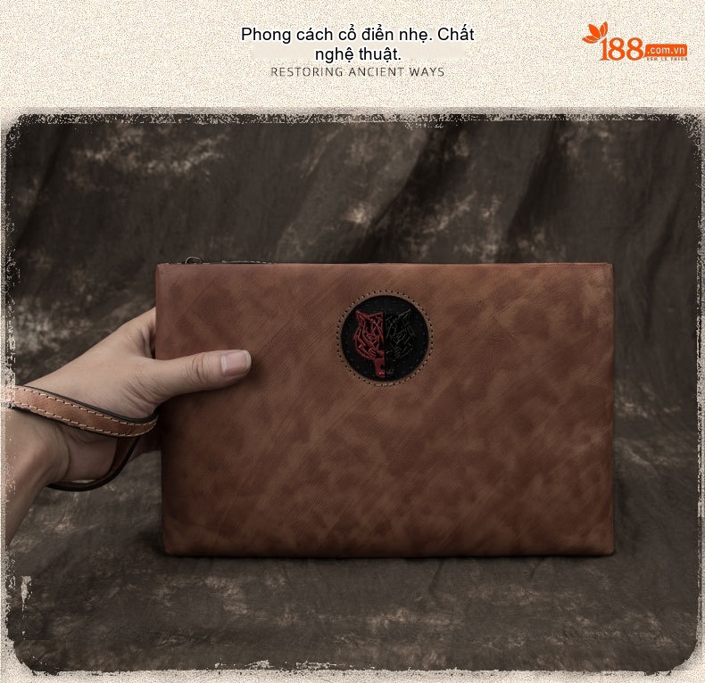 Ví Cầm Tay Nam Da Thật Phong Cách Retro Hàn Quốc, Túi Clutch Da Bò Lớn Màu Nâu, Đen chi tiết 1