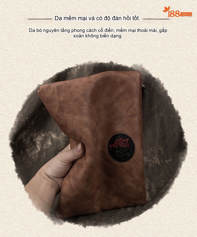 Ví Cầm Tay Nam Da Thật Phong Cách Retro Hàn Quốc, Túi Clutch Da Bò Lớn Màu Nâu, Đen chi tiết 2