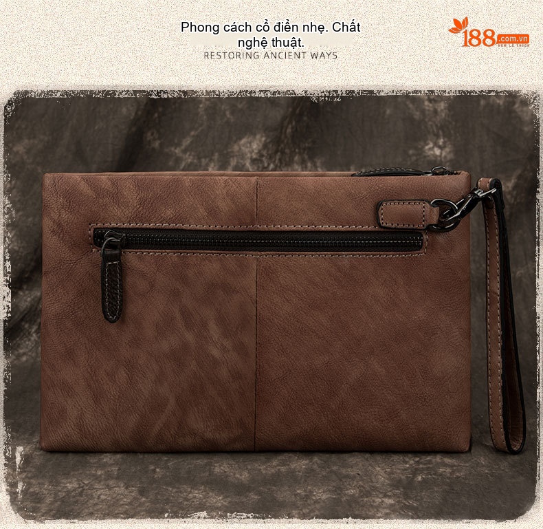 Ví Cầm Tay Nam Da Thật Phong Cách Retro Hàn Quốc, Túi Clutch Da Bò Lớn Màu Nâu, Đen chi tiết 6