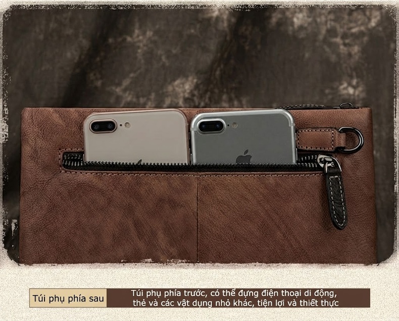 Ví Cầm Tay Nam Da Thật Phong Cách Retro Hàn Quốc, Túi Clutch Da Bò Lớn Màu Nâu, Đen chi tiết 17