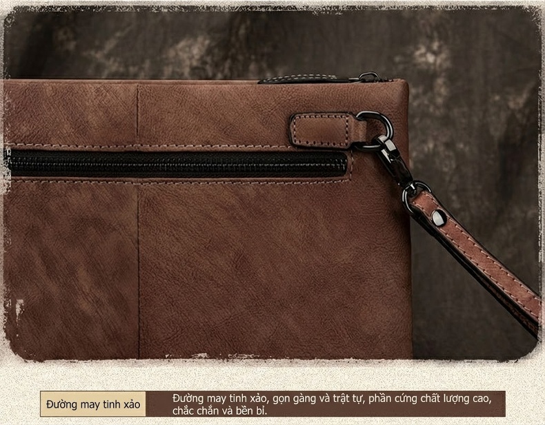 Ví Cầm Tay Nam Da Thật Phong Cách Retro Hàn Quốc, Túi Clutch Da Bò Lớn Màu Nâu, Đen chi tiết 18