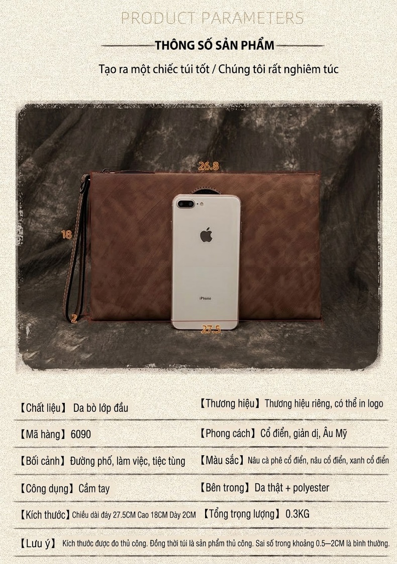 Ví Cầm Tay Nam Da Thật Phong Cách Retro Hàn Quốc, Túi Clutch Da Bò Lớn Màu Nâu, Đen chi tiết 4