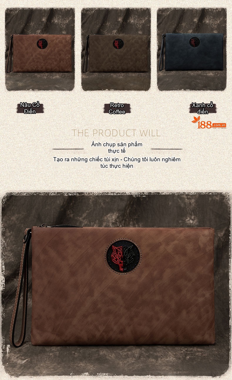 Ví Cầm Tay Nam Da Thật Phong Cách Retro Hàn Quốc, Túi Clutch Da Bò Lớn Màu Nâu, Đen chi tiết 5