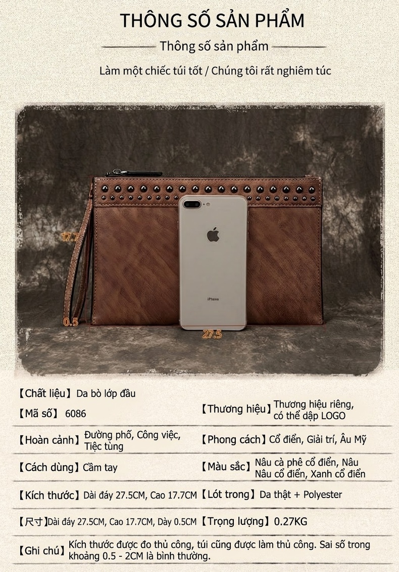 Ví Cầm Tay Nam Da Thật Phong Cách Retro Túi Đựng Tài Liệu Clutch Da Nam Màu Nâu, Xanh Đen chi tiết 4