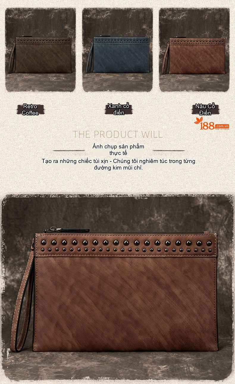 Ví Cầm Tay Nam Da Thật Phong Cách Retro Túi Đựng Tài Liệu Clutch Da Nam Màu Nâu, Xanh Đen chi tiết 5