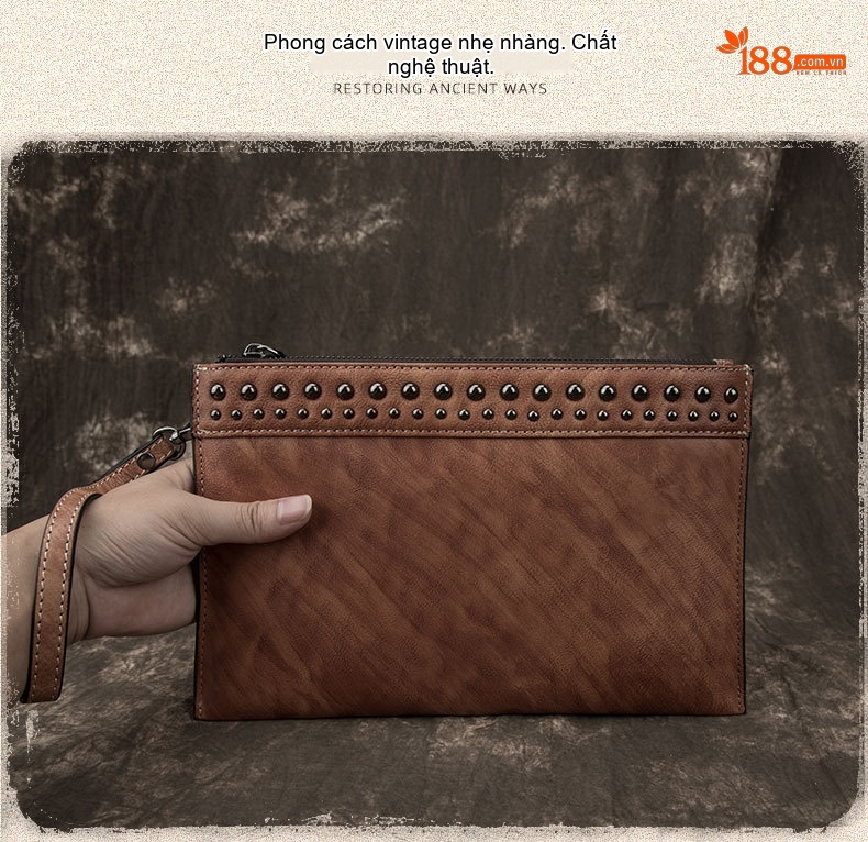 Ví Cầm Tay Nam Da Thật Phong Cách Retro Túi Đựng Tài Liệu Clutch Da Nam Màu Nâu, Xanh Đen chi tiết 1