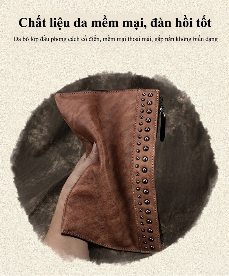 Ví Cầm Tay Nam Da Thật Phong Cách Retro Túi Đựng Tài Liệu Clutch Da Nam Màu Nâu, Xanh Đen chi tiết 2