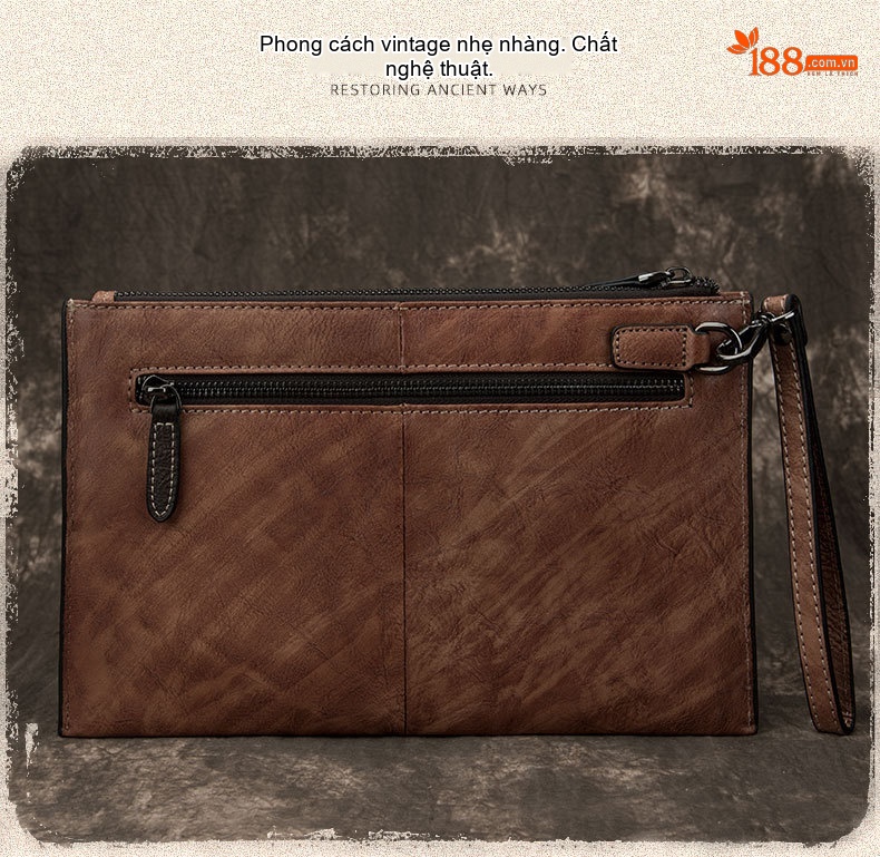 Ví Cầm Tay Nam Da Thật Phong Cách Retro Túi Đựng Tài Liệu Clutch Da Nam Màu Nâu, Xanh Đen chi tiết 6