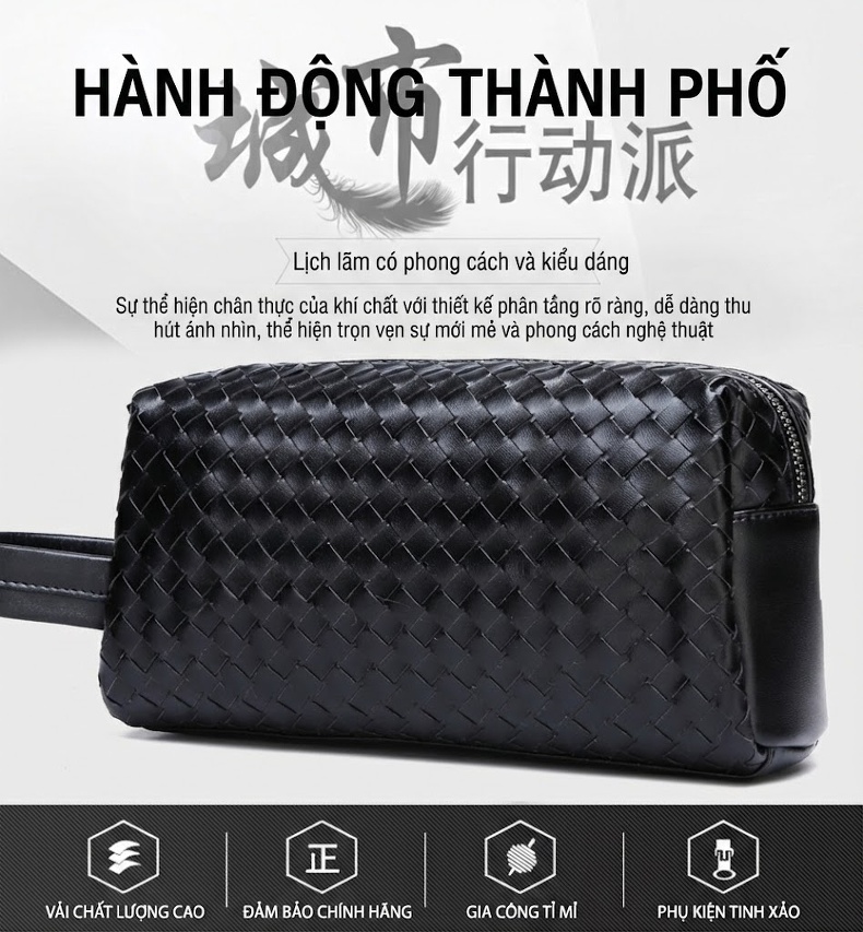 Ví Cầm Tay Nam Da Thật Thời Trang Đan Lưới Màu Đen chi tiết 1