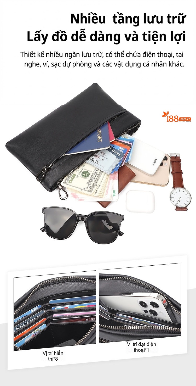 Ví Cầm Tay Nam Da Thật Thời Trang, Đựng Điện Thoại, Tiền Bạc, Thẻ Tiện Lợi Màu Đen chi tiết 7