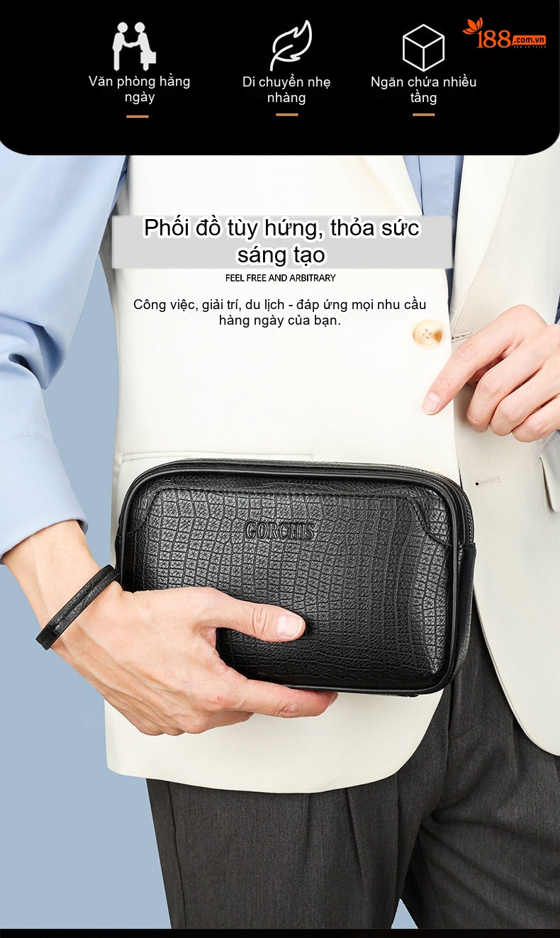 Ví Cầm Tay Nam Khóa Số Chống Trộm Da Mềm Vân Đá Lớn Đựng Tiền Điện Thoại Màu Đen, Nâu chi tiết 2