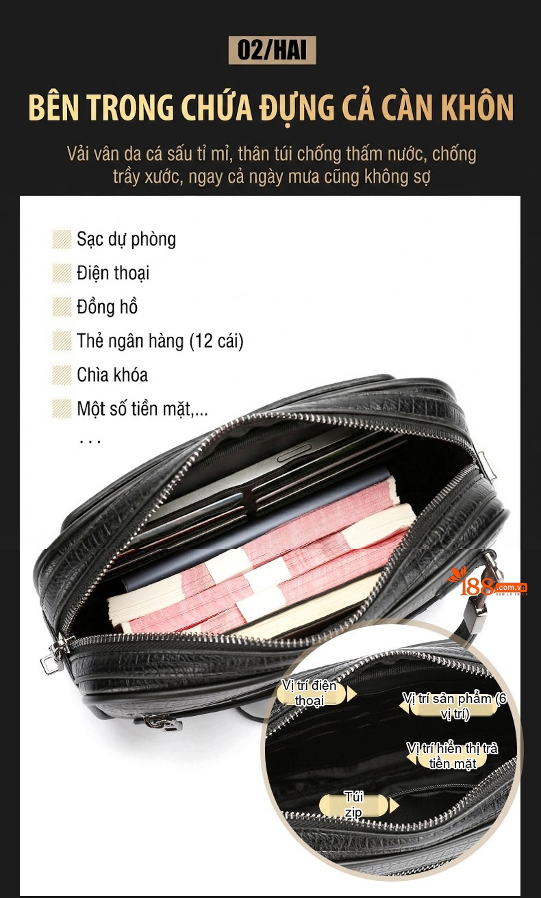 Ví Cầm Tay Nam Khóa Số Chống Trộm Da Mềm Vân Đá Lớn Đựng Tiền Điện Thoại Màu Đen, Nâu chi tiết 8