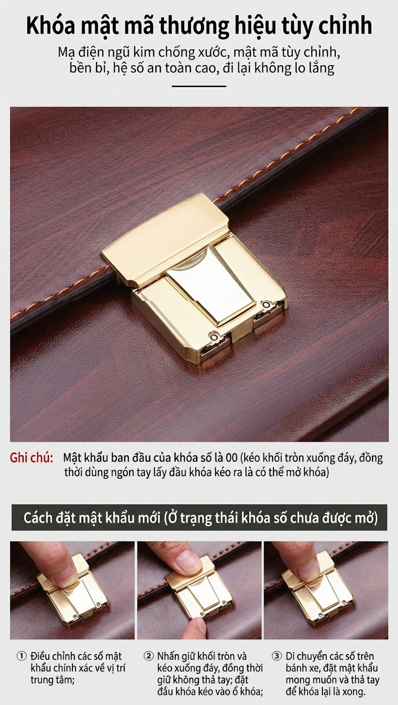 Ví Cầm Tay Nam Khóa Số Da Bóng Công Sở Dung Tích Lớn Phong Cách Thời Trang Màu Nâu chi tiết 7