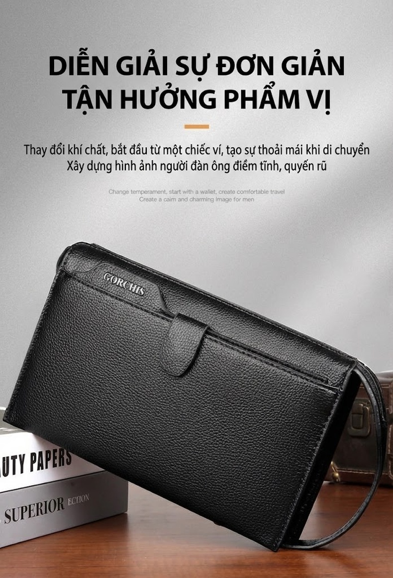 Ví Cầm Tay Nam Nhiều Ngăn Da Mờ Khóa Số Chống Trộm Màu Đen, Nâu chi tiết 1