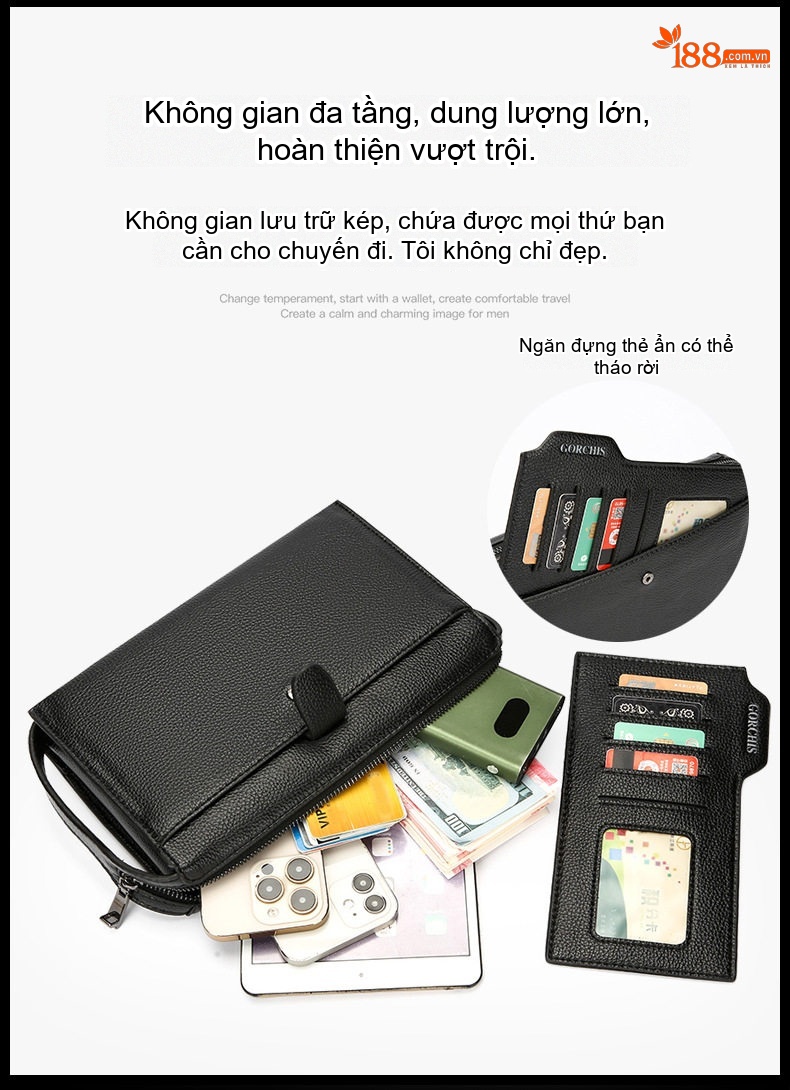 Ví Cầm Tay Nam Nhiều Ngăn Da Mờ Khóa Số Chống Trộm Màu Đen, Nâu chi tiết 11
