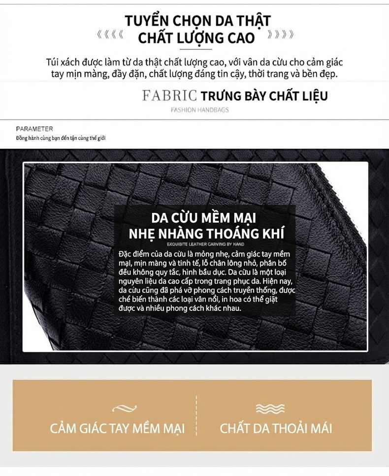 Ví Cầm Tay Nam Nữ Da Cừu Thủ Công Đan Lưới Khoá Kéo Đôi Màu Đen chi tiết 5