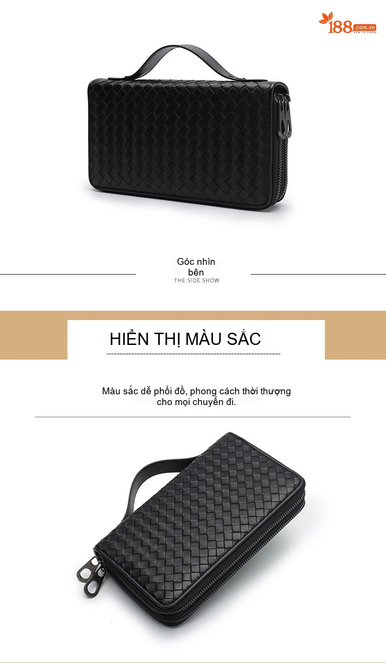 Ví Cầm Tay Nam Nữ Da Cừu Thủ Công Đan Lưới Khoá Kéo Đôi Màu Đen chi tiết 11