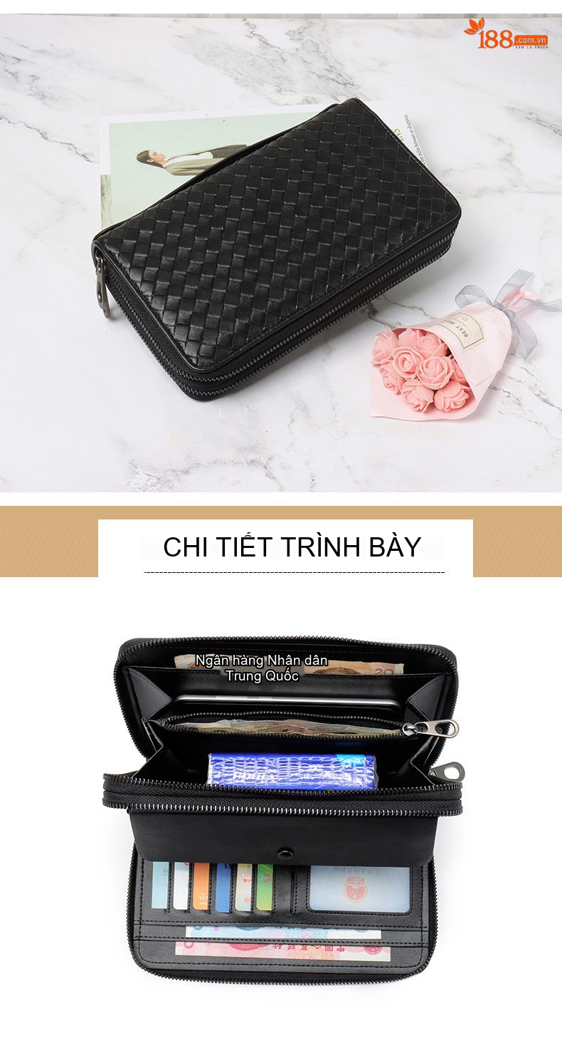 Ví Cầm Tay Nam Nữ Da Cừu Thủ Công Đan Lưới Khoá Kéo Đôi Màu Đen chi tiết 14