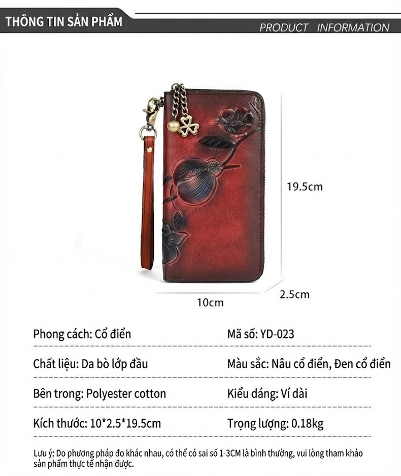 Ví Cầm Tay Nữ Da Bò Dáng Dài Khóa Kéo Phong Cách Vintage Màu Đỏ, Xanh Navy chi tiết 3