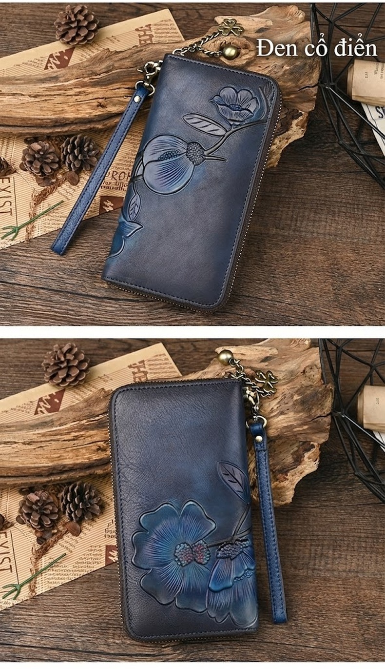 Ví Cầm Tay Nữ Da Bò Dáng Dài Khóa Kéo Phong Cách Vintage Màu Đỏ, Xanh Navy chi tiết 7