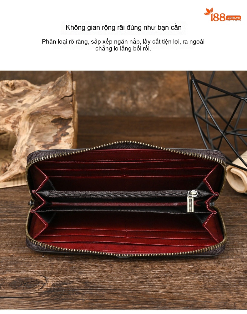 Ví Cầm Tay Nữ Da Bò Dáng Dài Khóa Kéo Phong Cách Vintage Màu Đỏ, Xanh Navy chi tiết 9