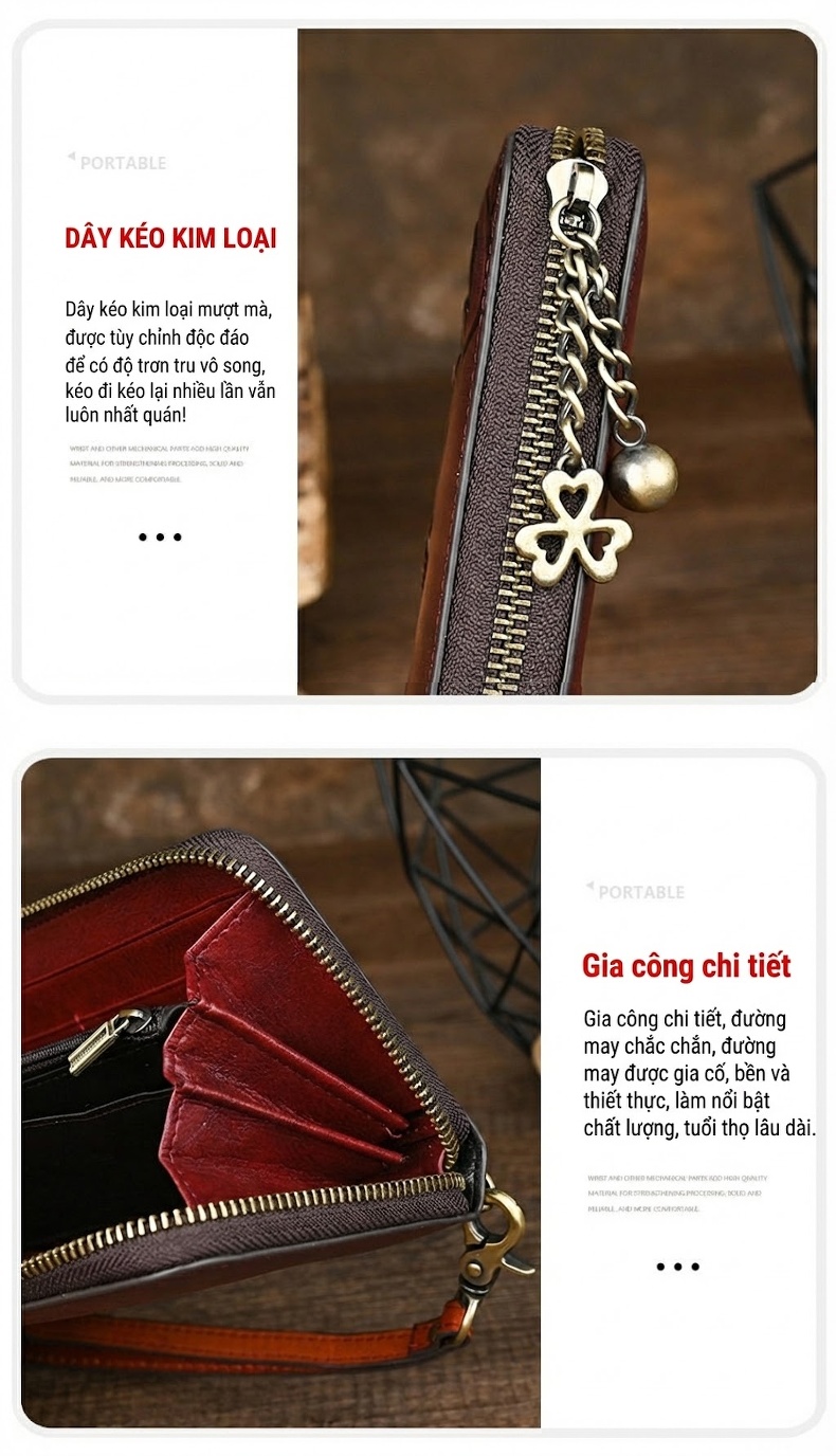 Ví Cầm Tay Nữ Da Bò Dáng Dài Khóa Kéo Phong Cách Vintage Màu Đỏ, Xanh Navy chi tiết 11