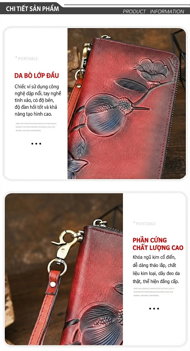 Ví Cầm Tay Nữ Da Bò Dáng Dài Khóa Kéo Phong Cách Vintage Màu Đỏ, Xanh Navy chi tiết 12