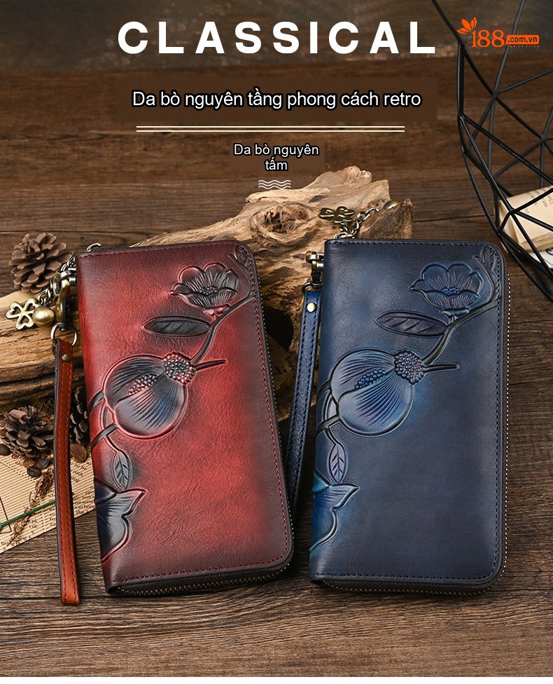 Ví Cầm Tay Nữ Da Bò Dáng Dài Khóa Kéo Phong Cách Vintage Màu Đỏ, Xanh Navy chi tiết 1