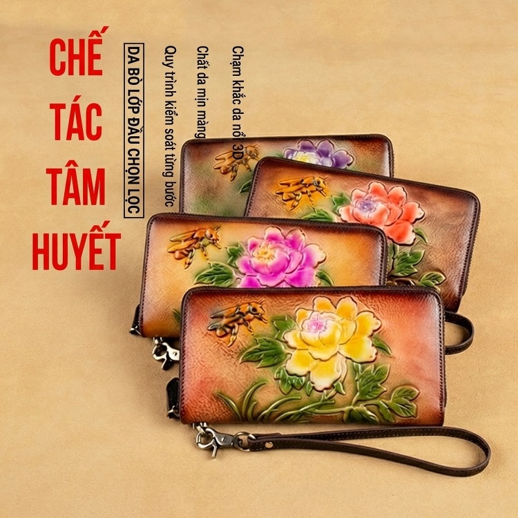 Ví Cầm Tay Nữ Da Bò Khóa Kéo Dáng Dài In Hoa Văn Phong Cách Âu Mỹ Màu Nâu, Hồng, Vàng, Tím... chi tiết 2