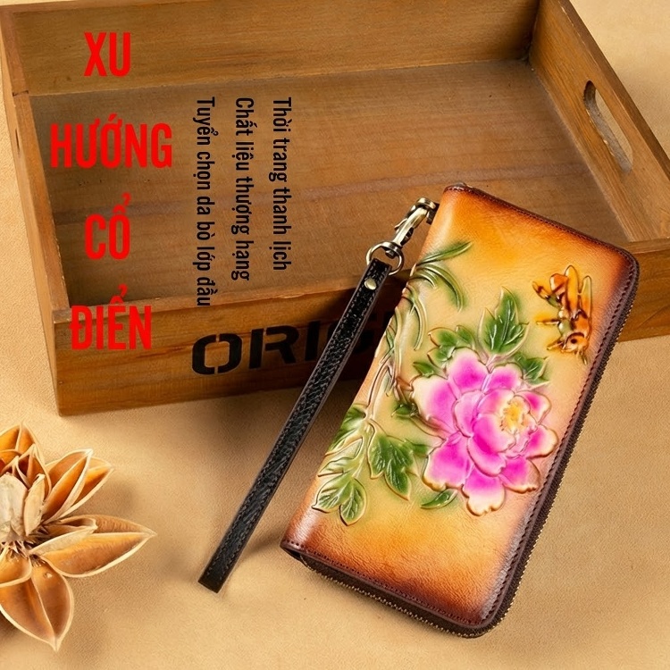 Ví Cầm Tay Nữ Da Bò Khóa Kéo Dáng Dài In Hoa Văn Phong Cách Âu Mỹ Màu Nâu, Hồng, Vàng, Tím... chi tiết 3
