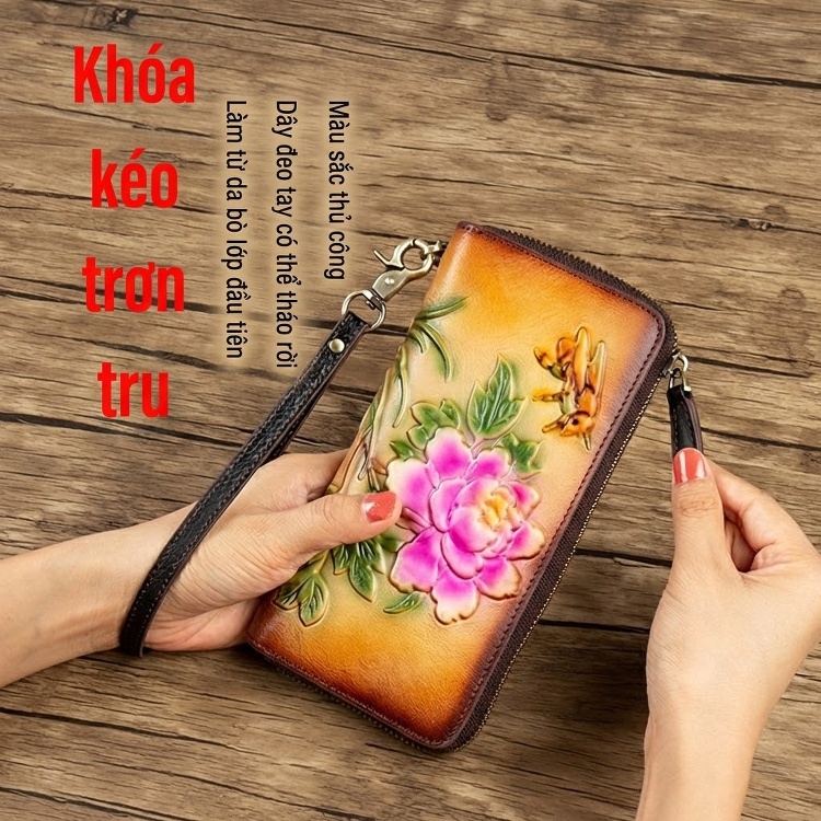 Ví Cầm Tay Nữ Da Bò Khóa Kéo Dáng Dài In Hoa Văn Phong Cách Âu Mỹ Màu Nâu, Hồng, Vàng, Tím... chi tiết 4
