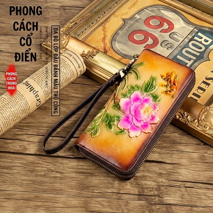 Ví Cầm Tay Nữ Da Bò Khóa Kéo Dáng Dài In Hoa Văn Phong Cách Âu Mỹ Màu Nâu, Hồng, Vàng, Tím... chi tiết 5