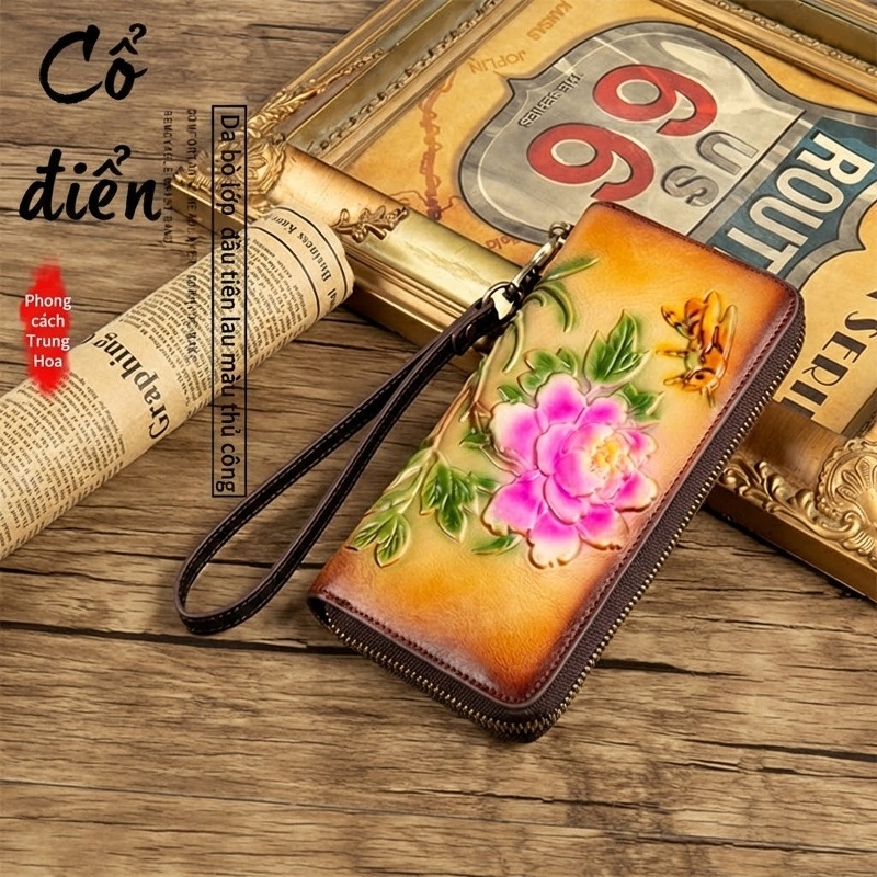 Ví Cầm Tay Nữ Da Bò Khóa Kéo Dáng Dài In Hoa Văn Phong Cách Âu Mỹ Màu Nâu, Hồng, Vàng, Tím...